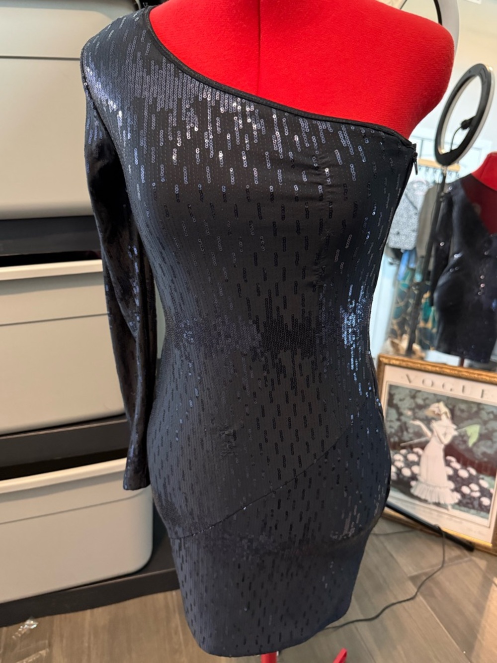Jodi Kristopher Navy Sequin One Shoulder Long Sleeve Mini Dress - Size Medium